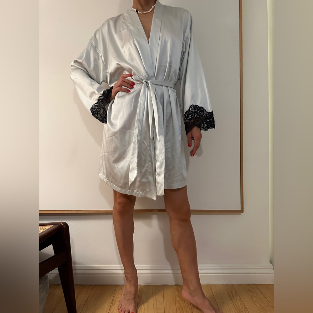 Cosabella Silver Satin Robe with Black Lace